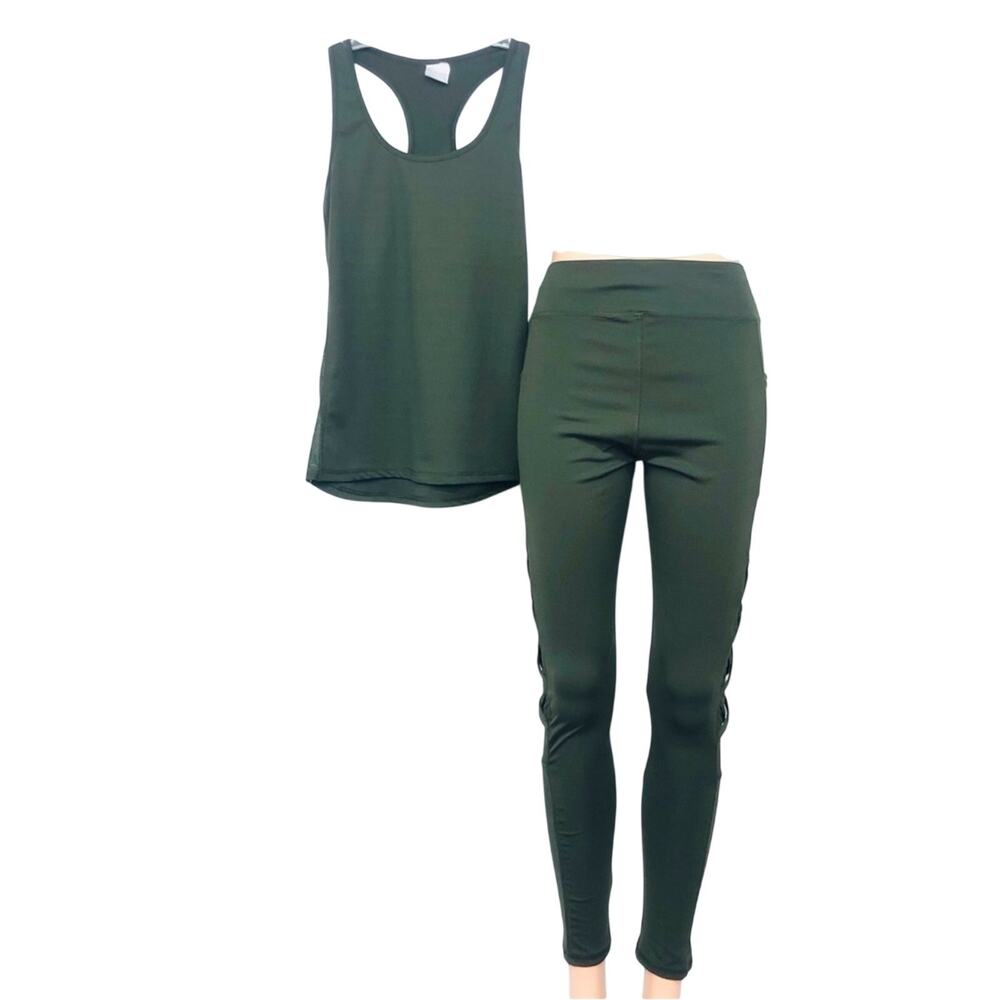 Athletic and Sporty Olive Green Racerback Top and Leggings Workout Gym Outfit